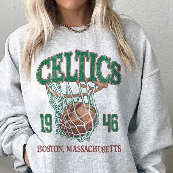 Vintage EST 1946 Boston Celtics Basketball Sweatshirt Retro Boston NBA Shirt Tee - Picture 1 of 2
